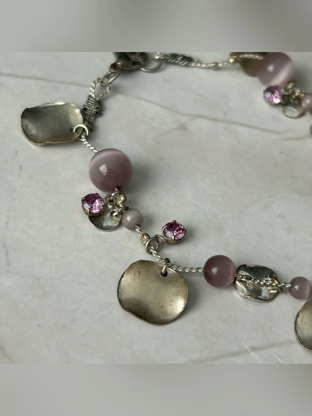 Vintage Silver-Tone Pink Bead & Disc Charm Bracelet